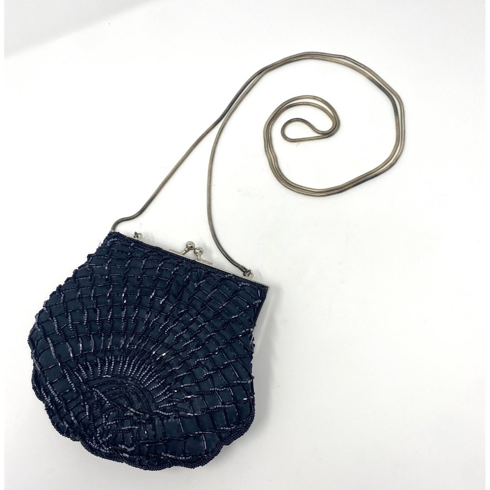 Black Beaded Hand Held Purse with Silver Strap 6”